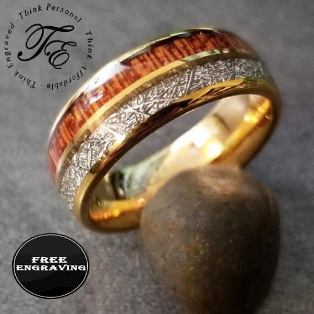 Personalized Men's Tungsten Wedding Ring - Whiskey Barrel Wood and Meteor Inlays